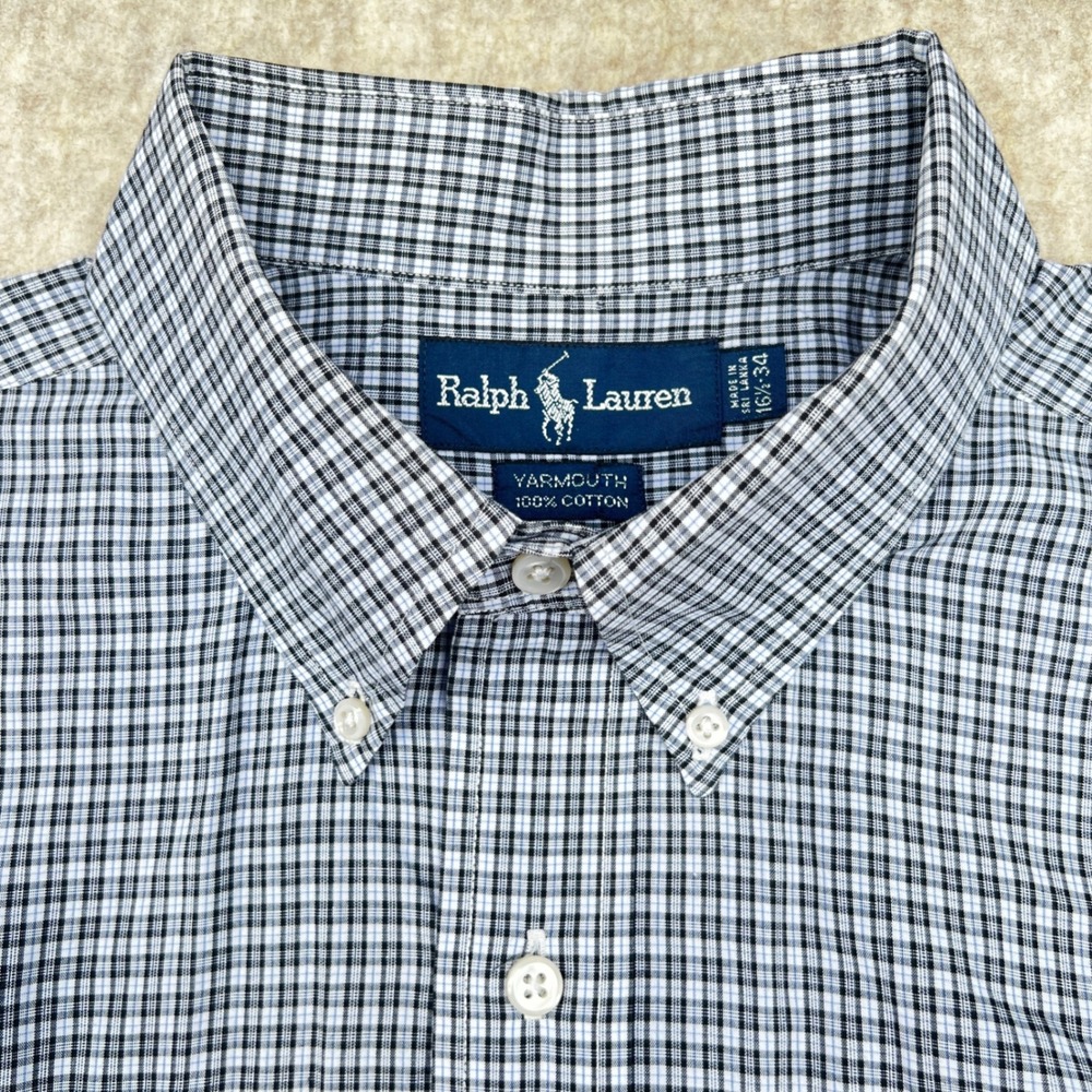 Ralph Lauren Yarmouth Micro Plaid Button Shirt Men 16 1/2 34 Black White Cotton